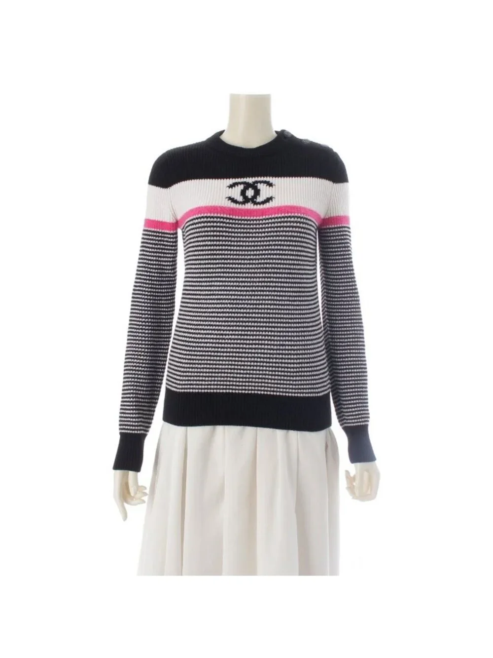 Chanel CC Logo Border Knit Long Sleeve Sweater Top Black White Pink 36
